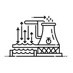 Nuclear industry icon with cooling water concept in line art style  