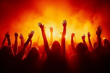 Silhouette of audience hands raised in joy at a concert