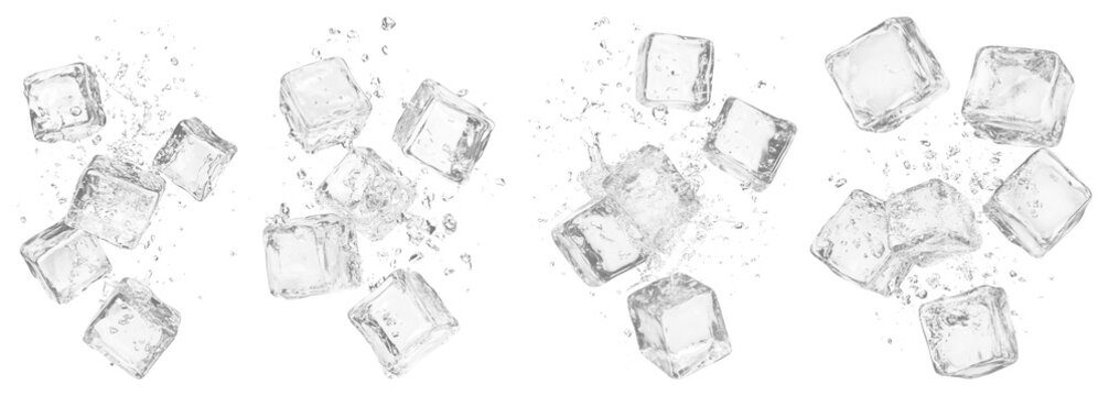 PNG Scattered ice cubes with splashes, element set on transparent background