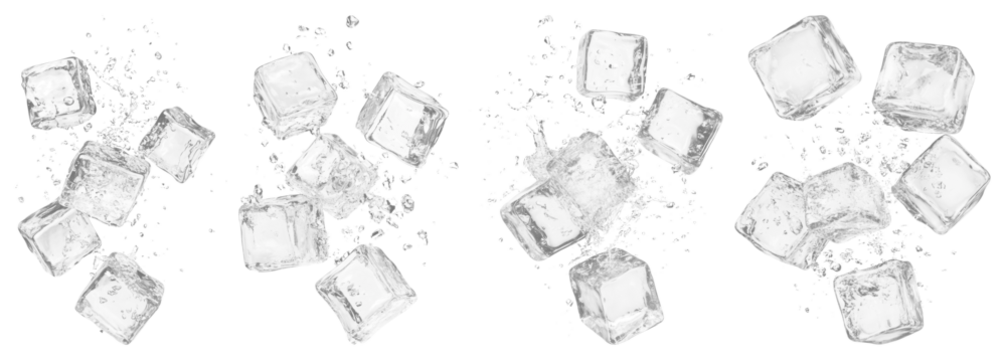 PNG Scattered ice cubes with splashes, element set on transparent background