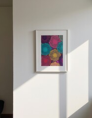 minimalist gallery wall showcasing a contemporary print with modern thai pattern overlays in vivid fuchsia, saffron, and turquoise, side lit for elegant shadow play.