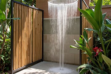 organic interior bathroom design with circular rain shower above stone tiles, surrounded by bamboo partitions and tropical flowers, sunbeams casting vivid shadows across the floor.
