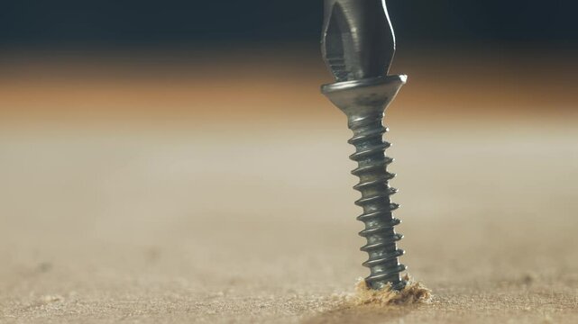 Close-up screwdriver bit screwing countersunk self-tapping screw into wooden surface. Hardware tool tightening metal fastener during repair. Bit gradually working in construction task