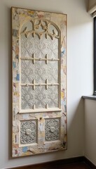 interior scene with large mixed media panel showcasing intricate thai window patterns deconstructed in postmodern style with collage textures, strong daylight flooding from side.