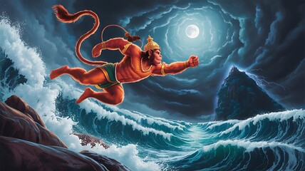 Hanuman, Hindu Monkey God Soars Over Night Sea