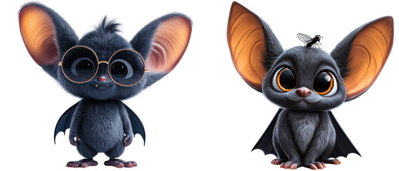 cute & children friendly bat characters: in sunglasses and fly on his head isolated over white (transparent) bacground; concept of nature lesson with myths about bats, adorable halloween character 