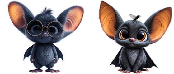 cute & children friendly bat characters: in sunglasses and fly on his head isolated over white (transparent) bacground; concept of nature lesson with myths about bats, adorable halloween character 