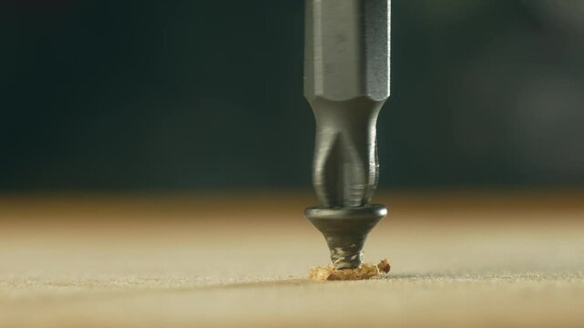 Close-up screwdriver bit unscrewing steel countersunk self-tapping screw from wooden surface. Hardware tool removing threaded fastener during repair. Bit working in construction operation