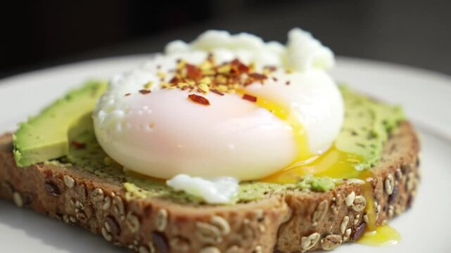 Healthy avocado toast with poached egg on multigrain bread, sprinkled with chili flakes. Vibrant colors, clean and clear food styling in natural light.
