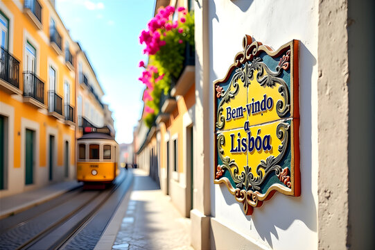  Decorative ceramic tile sign reading "Bem Vindo a Lisboa" placed in front of a scenic view with traditional Lisbon houses and a classic yellow tram