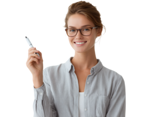 A stylish woman smiles, holding a marker, perfect for education or business presentations.