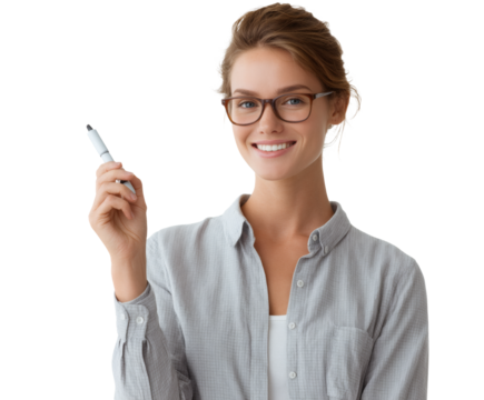 A stylish woman smiles, holding a marker, perfect for education or business presentations.