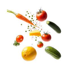 Vibrant Vegetables and Citrus Fruit in Mid-Air Isolated on Transparent Background PNG