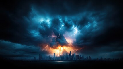 An intense thunderstorm casts dramatic lightning bolts over a futuristic city skyline, creating a stunning visual contrast between nature and urban life.