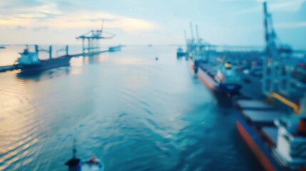 Obraz premium Abstract blurred background of seaport with containers and cranes