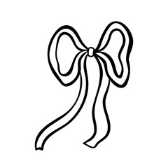 Hand drawn trendy bow made of wide ribbon with wavy ends. Wedding celebration, holiday, party decoration, gift, birthday concept. Coquette Aesthetic style. Elegant vector illustration.