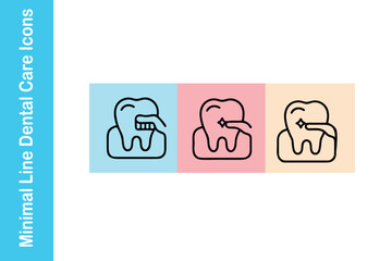 Minimal Line Dental Care Icons – Tooth Brushing, Oral Checkup & Hygiene – Colorful Flat Style