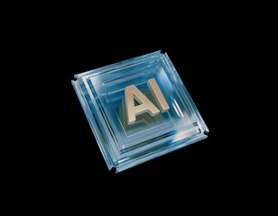 Artificial Intelligence microchip blue dispersed glass 3D render on a black background, isolated