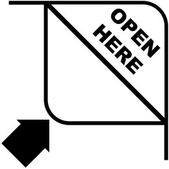 Open here package icon, instruction to open the container at this corner with text and directional arrow.