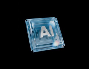 Artificial Intelligence microchip blue dispersed glass 3D render on a black background, isolated