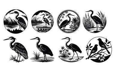 Vector illustration set of floral easter egg designs with bird silhouette and nature elements.