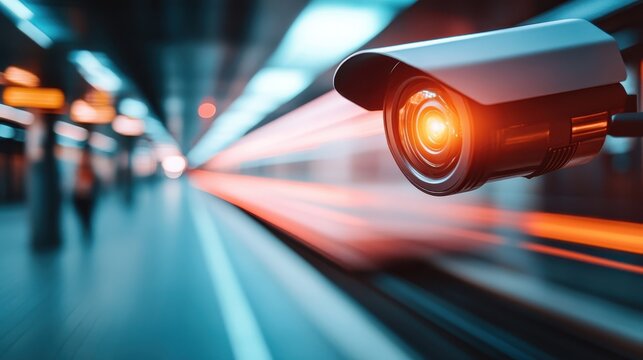 A cutting-edge surveillance camera captures the dynamic energy of a busy train station, symbolizing safety and modernity in urban transportation environments.