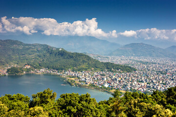 Bird eye view of the Pokhara town and Phewa lake from the World Peace Pagoda.