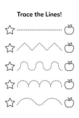 Preschool Tracing Worksheet Stars, Apples, and Fun Lines