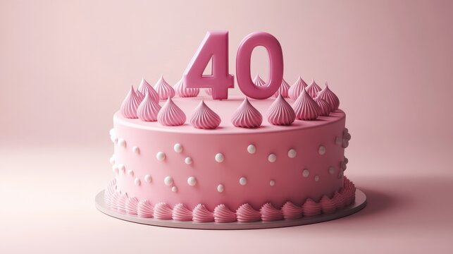 Illustration of decorated pink cake for birthday or anniversary party. Number 40, fortieth birthday celebration
