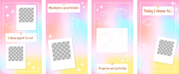 Set of four pastel Instagram story templates with self-care affirmations, photo placeholders, linear illustrations and decorative elements. Vector editable layout for mental health content.