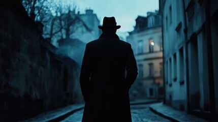 Dark silhouette of man in coat and hat in noir style, reminiscent of detective films ss.