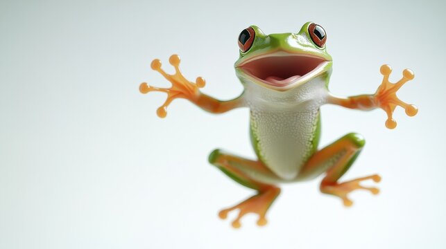 a high quality stock photograph of a single jumping happy frog isolated on a white background