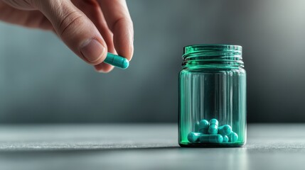 A hand carefully reaches for a turquoise capsule from a glass jar, highlighting themes of health, wellness, and the importance of mindful consumption in a modern lifestyle.