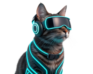 A tabby cat wearing futuristic goggles headphones and a neon harness against a black background