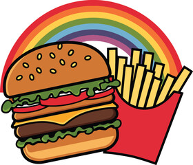 A burger and fries hugging under a rainbow