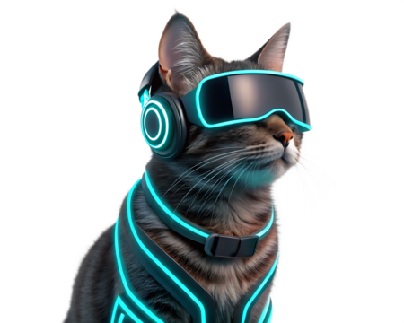 A tabby cat wearing futuristic goggles headphones and a neon harness against a black background