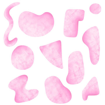 A collection of abstract pink marble shapes created in a soft watercolor style. Organic and artistic design elements with a transparent background, ideal for modern graphic design, collages, and decor