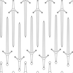 Seamless pattern of medieval swords with long straight blades and decorative crossguards. Hand drawn black outline style perfect for fabric, textile, coloring book with a historical or fantasy theme