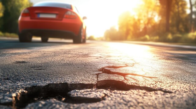 Damaged roadway with visible potholes and cracks under warm sunlight, featuring a blurred red car in the background, emphasizing spring driving hazards.