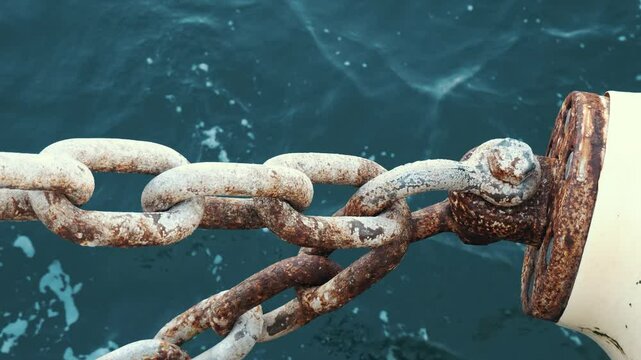 A strong ferry mooring chain bearing the traces of the sea and time. A close-up of these giant rusty rings that safely tether ships to the harbour in the busy waters of Istanbul.