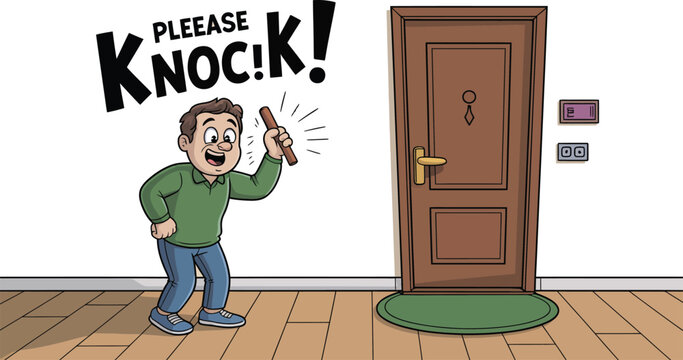 Cartoon man knocking on a wooden door with a stick and please knock text in the background