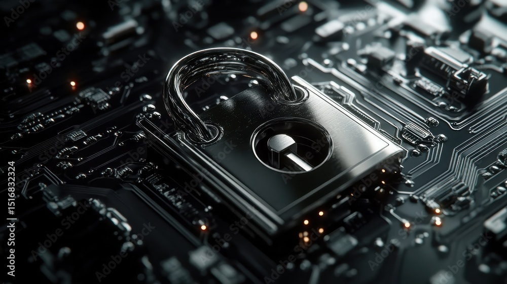 Poster secure padlock and key on digital circuit background