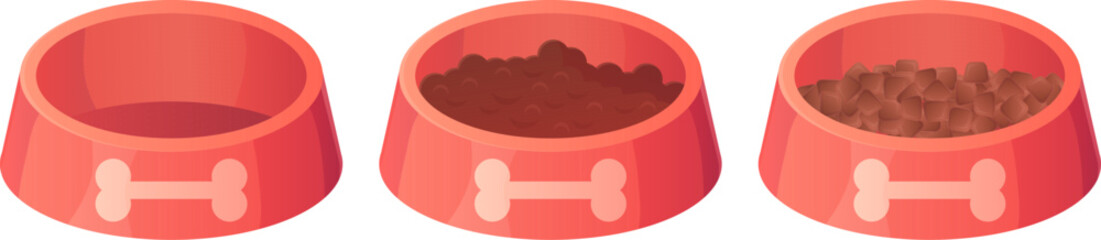 Vector illustration of three pet food bowls in cartoon style. One bowl is empty, while the other is filled with wet and dry pet food. Suitable for pet care, feeding time, and animal-related designs