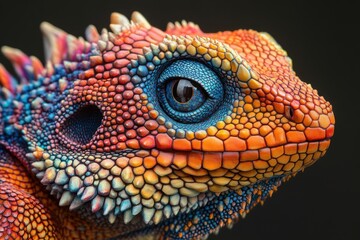 Fototapeta premium A close up of a lizard's face with a red eye. A closeup of a beautiful and colorful lizard displaying its distinctive features intricately.
