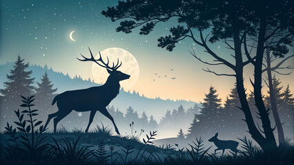 Lonely Deer Silhouette in Misty Forest with Foggy Trees and Full Moon Wildlife Night Scene Illustration
