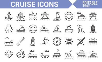 Minimalist Cruise Icon Set for Vacation, Ocean, and Sailing.