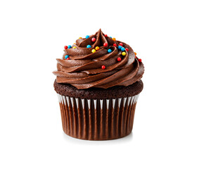 Delicious chocolate cupcake isolated on white background.