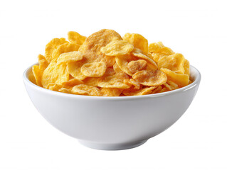 A simple white bowl is filled to the brim with crunchy and golden corn flakes, creating an inviting scene for a delicious and easy breakfast meal on white background.