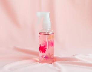 Pink floral spray bottle with fragrance on pink cloth