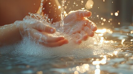 Fototapeta premium Close-up of hands washing with sudsy water.